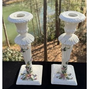 Pair Of Gorgeous Italian Applied Flower Candle Sticks 9.5” Tall -O4